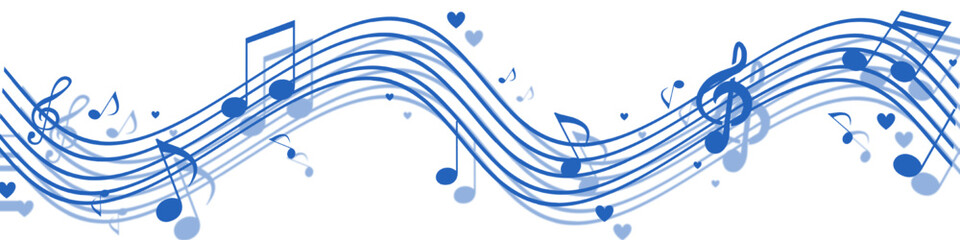 A whimsical musical design featuring a wavy blue music staff with notes and small hearts. The design includes shadows, giving it a 3D effect on a clean white background.