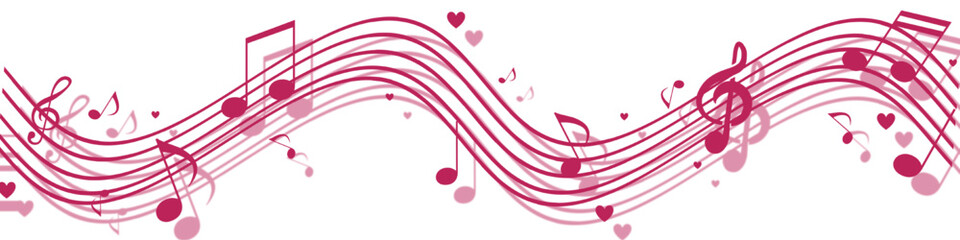 An illustration of a wavy musical staff adorned with magenta musical notes and small hearts. The design has a soft, romantic feel against a white background. © Arun