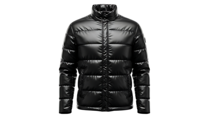 Elegant black puffer jacket with buttons isolated on transparent background for fashion design