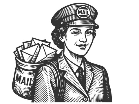 smiling female postal worker in uniform, carrying a mailbag full of envelopes sketch engraving generative ai fictional character vector illustration. Scratch board imitation. Black and white image.