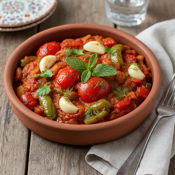 A traditional Turkish şakşuka made with saut&eacute;ed eggplant, peppers, tomatoes, and garlic, served in a rustic clay bowl with fresh herbs.