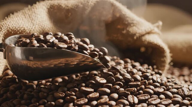 Fresh Coffee Beans in Burlap Bag - Close-up of freshly roasted coffee beans spilling from a burlap bag, with a metal scoop filled with beans resting on the pile. Steam rises from the warm beans.