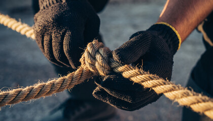 Hands in gloves tying a thick rope knot outdoors.