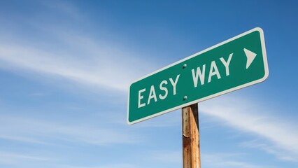 Obraz premium Vibrant green road sign, 'EASY WAY' with arrow, on a wooden post against a blue sky