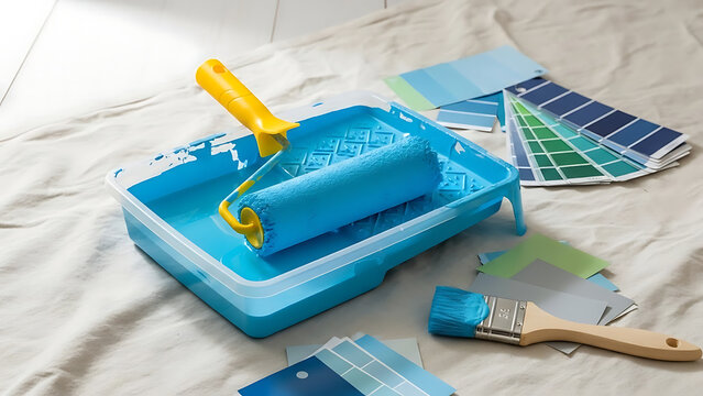 Blue paint roller, brush, and color swatches arranged on a canvas drop cloth, ideal for home renovation and interior design projects - Powered by Adobe