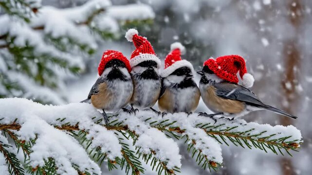 Christmas Birds in Red Hats - Four adorable chickadee birds perch on a snow-covered branch, each wearing a small red Santa hat. Snow falls gently around them, creating a festive winter scene.