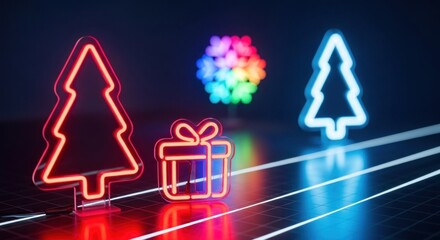 Vibrant neon Christmas trees, gift, and snowflake glowing on a dark grid surface