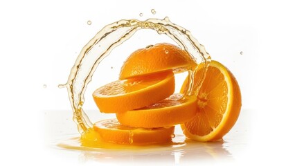Vibrant orange slices with a dynamic splash of fresh juice against a white background