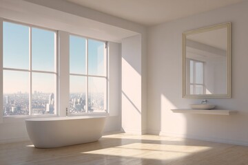 Bright modern bathroom space features a freestanding tub before large windows overlooking an urban panorama