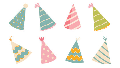Obraz premium Set of colored party hats with different patterns and pompons. Holiday cone caps collection. Birthday celebration. Festive fun accessory. Vector flat illustration isolated on white background