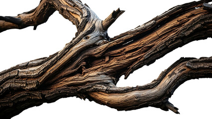 Detailed close up of a twisted tree branch isolated on transparent background