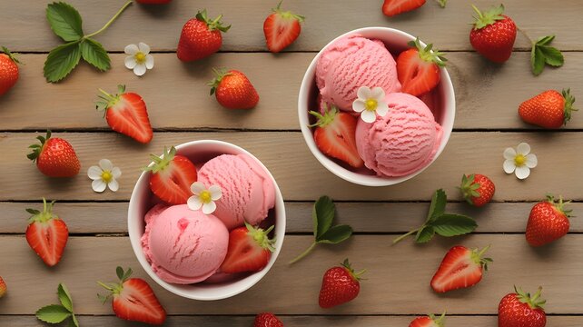 Overhead view of strawberry ice cream in bowls with fresh strawberries around it