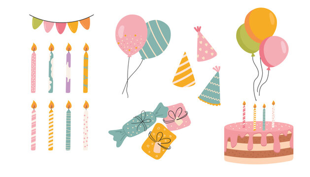 Birthday big decorative elements set. Different party objects, colorful holiday items, gift, cake, ballon and garlands, vector flat illustration
