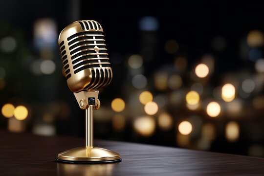Vintage gold microphone stands elegantly on a polished wooden table, illuminated by a soft spotlight, creating a captivating atmosphere for performances and events