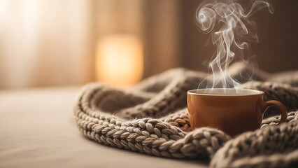 Cozy Warmth: Steaming Drink and Knitted Blanket Still Life