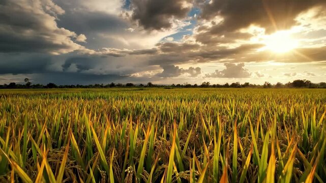 Golden Rice Field Under Dramatic Sky - A ground-level shot captures golden rice grains in a lush green field, under a dramatic sky filled with soft light.