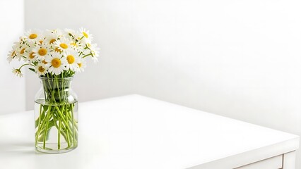 Daisies in Vase on White Table, Copy Space, Minimalist Still Life