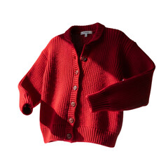 Red knitted cardigan with buttons warm and cozy isolated on transparent background