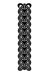 Three interlaced chains, a vertebral pattern found on Manx runestones. Composed of 3 distinct sets of linked rings interlaced, with Y-shaped lower part, symbolizing foliage of sacred tree Yggdrasil.