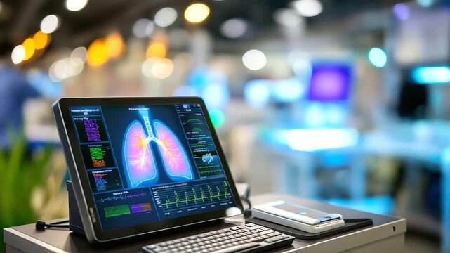 Lung health diagnostics, monitor analysis display, high-tech medical facility, respiratory condition research, advanced technology usage, treatment planning workstation, faceless d