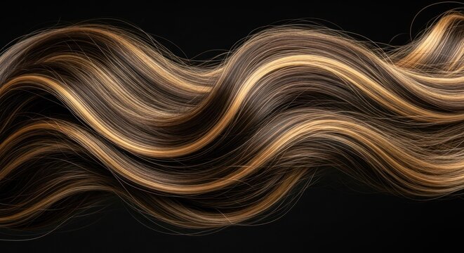 Wavy, lustrous brown hair with golden blonde highlights, flowing against a dark background
