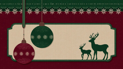 Christmas ornament decoration with reindeer silhouette and snowflake border on red and green background
