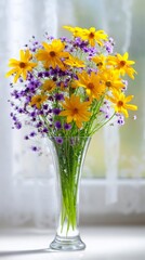 Obraz premium Yellow and purple flowers stand tall in clear glass vase, soft light filters through background.