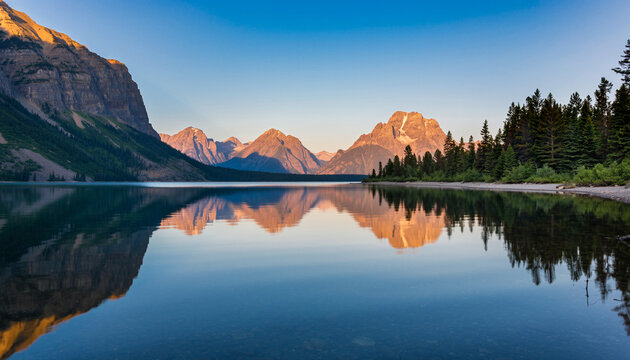 Mountain lake with reflections at sunrise with clear blue sky.