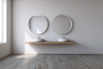 Minimalist bathroom interior features dual vessel sinks mounted on a floating wooden shelf beneath circular mirrors