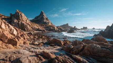 Scenic coastal landscape with towering rock formations and crashing waves. A perfect blend of natural beauty and tranquility. Captivating seascape that invites exploration!