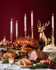 Roast turkey, glazed ham, and festive desserts holiday table with gold candlesticks and decorative reindeer, creating warm celebration atmosphere
