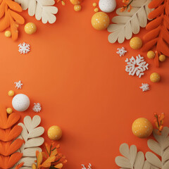 Autumn leaves and decorative balls frame orange background with white snowflakes, creating warm and festive seasonal atmosphere