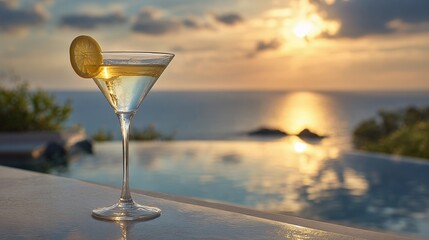 A refreshing cocktail adorned with a lemon slice sits by the infinity pool, merging with the sea. The golden sunset casts warm light, promising a serene evening.