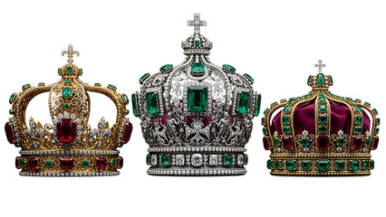 Three royal crowns with jewels and crosses isolated on transparent background