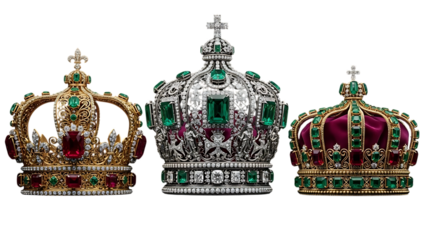 Three royal crowns with jewels and crosses isolated on transparent background