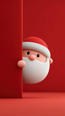Santa Claus peeking from behind red wall with joyful expression, featuring white beard and red hat in festive setting