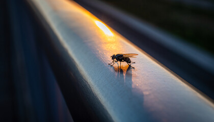 Fly rests on metal railing illuminated by sunset light.