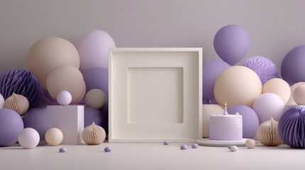Soft pastel balloons and decorative paper balls surround blank square frame and small cake with candle, creating gentle festive scene