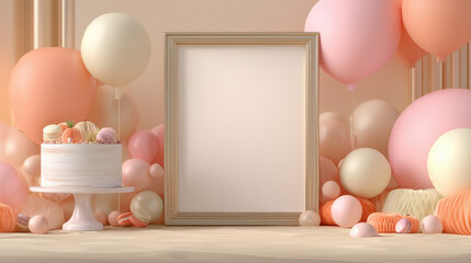 Blank picture frame with pastel balloons and cake on wooden floor for celebration or party background