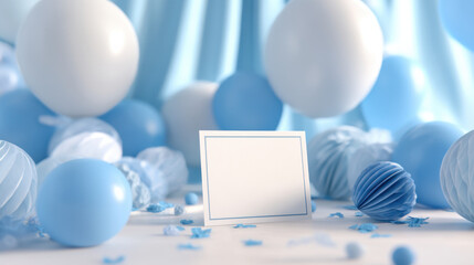 Blank card on table with blue and white balloons and decorations for celebration or party