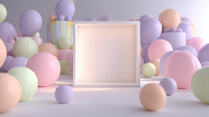 Soft pastel spheres surround blank square frame on smooth surface, creating gentle and calm atmosphere with light reflections