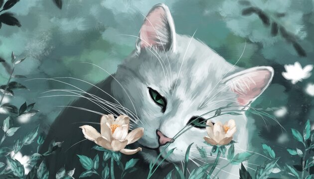 A beautiful white cat with green eyes gently smelling two pale flowers amidst lush green and teal foliage, rendered in a soft, artistic style. - Powered by Adobe