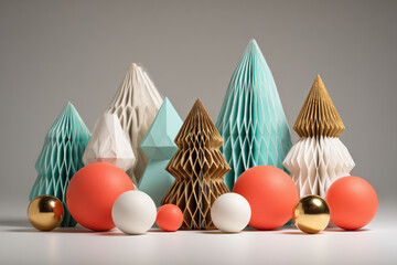 Paper Christmas tree decoration with colorful round baubles in red, white, and gold arranged on white surface with neutral background