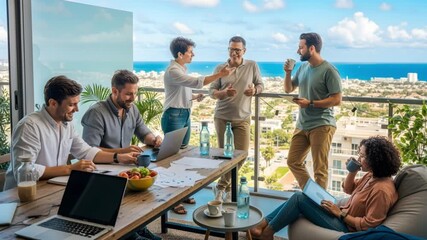 A diverse business team collaborates during a meeting on a sunny balcony. Colleagues discussing a project in a modern outdoor office with an ocean view. Teamwork and corporate success concept - Powered by Adobe