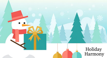 Obraz premium Happy Holiday Harmony Illustration Featuring a Snowman and Gift