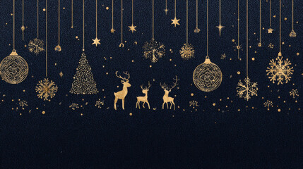 Golden Christmas decorations with reindeer and snowflakes hang elegantly on dark background, creating festive and warm holiday atmosphere