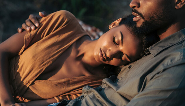 Couple embracing outdoors during golden hour sunlight. - Powered by Adobe