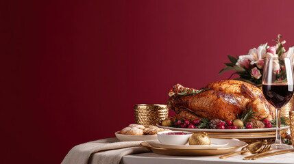 Roasted turkey with cranberry sauce and holiday decorations served with red wine on festive table setting with flowers and golden utensils