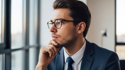 Young professional man in suit and glasses looking thoughtfully out a large window