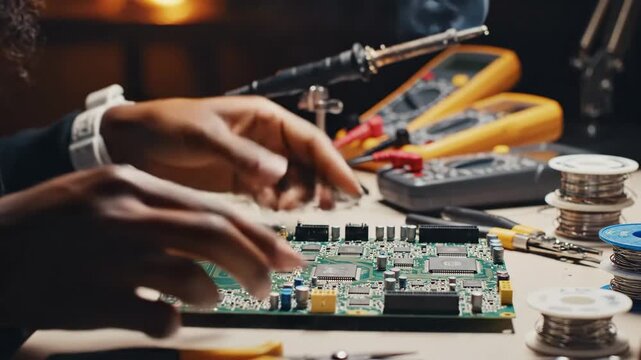 Circuit Board Assembly in Dim Workshop - Hands are delicately assembling a circuit board using a soldering iron and precision tools in a dimly lit workshop.
